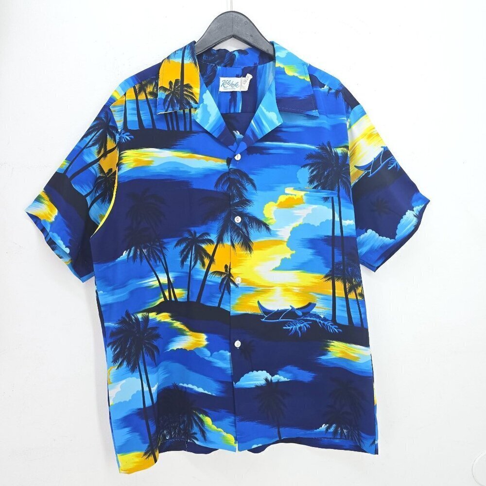 VTG 80s Kolikole Blue Palm Beach Sunset Hawaiian Button Front Shirt Men Size XL